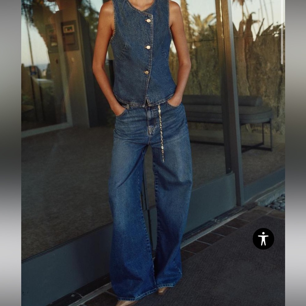Zara Denim Matching Set - Denim Vest & MID-RISE Z1975 WIDE LEG BELTED JEAN